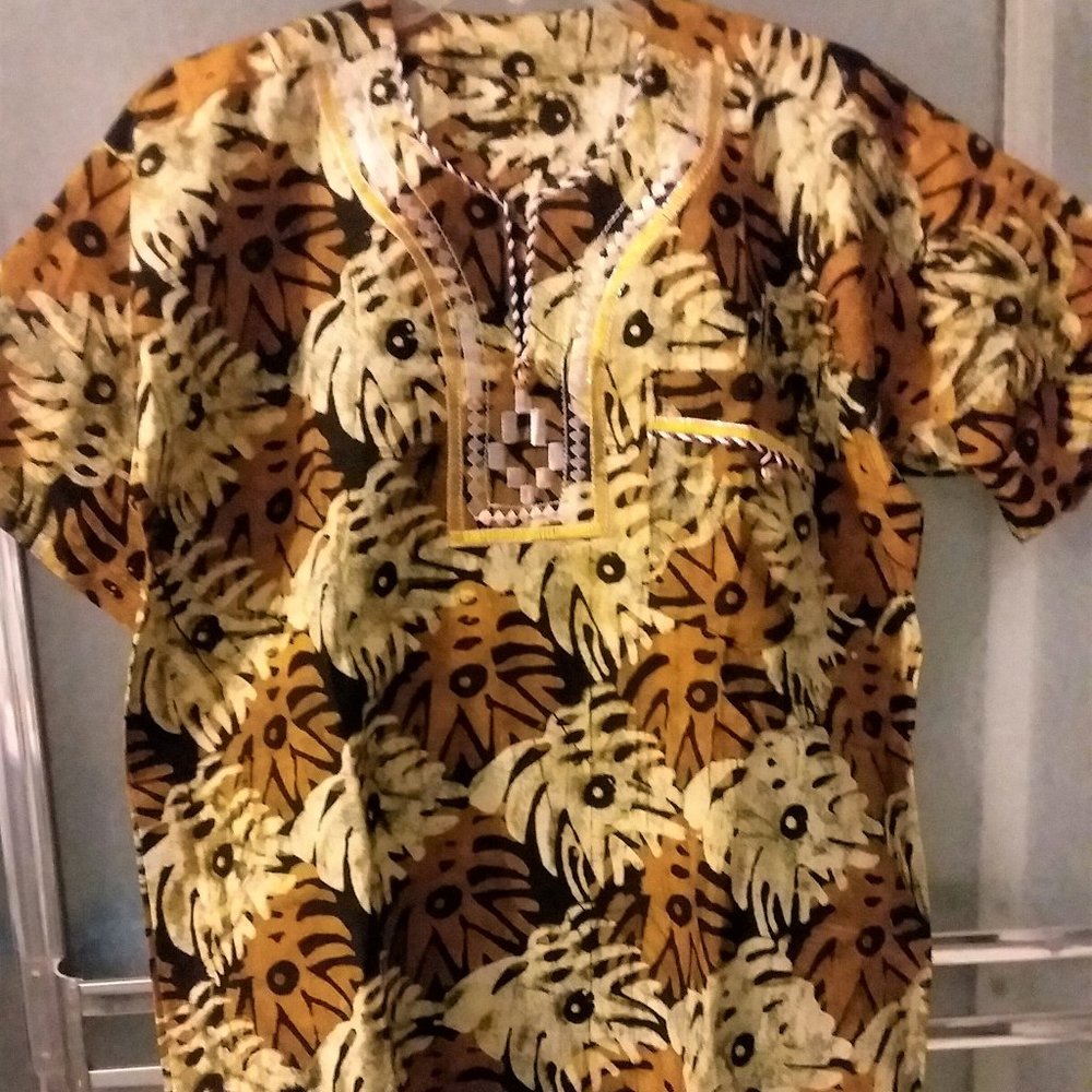 African Shirt handmade batik prnt Gold embroidered